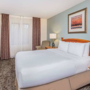 Sonesta ES Suites Atlanta - Perimeter Center double bed guest room, featuring TV, armchair, and window.