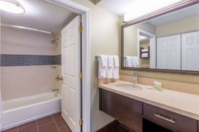 Guest bathroom in Sonesta ES Suites Atlanta - Perimeter Center, with shower and bath, sink and mirror.