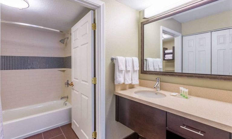 Guest bathroom in Sonesta ES Suites Atlanta - Perimeter Center, with shower and bath, sink and mirror.