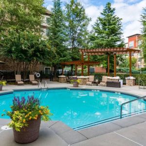 Sonesta ES Suites Atlanta - Perimeter Center’s round outdoor pool has potted plants and sun loungers nearby, with tables and chairs close at hand.