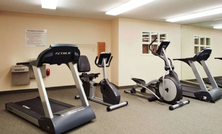 The fitness center at Sonesta Simply Suites Atlanta Gwinnett Place has various exercise machines, including treadmills, an elliptical, and a bike.