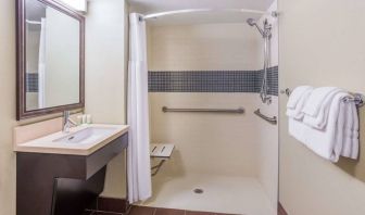 Guest bathroom in Sonesta ES Suites Atlanta Alpharetta Avalon featuring shower with curtain, mirror, and sink.