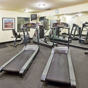 Sonesta ES Suites Atlanta Alpharetta Avalon’s fitness center is equipped with a range of exercise machinery and a wall-mounted television.