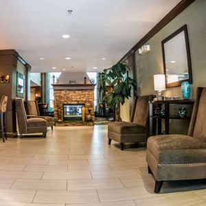 Sonesta ES Suites Atlanta Alpharetta Avalon’s common area lounge is furnished with comfortable seating, potted plants, and a fireplace.