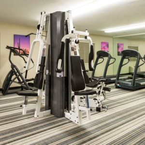 Sonesta Simply Suites Detroit Troy’s fitness center includes free weights, a mirrored wall, and various types of exercise machine.