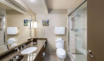 Sonesta White Plains Downtown guest bathroom including shower, lavatory, sink, and mirror.