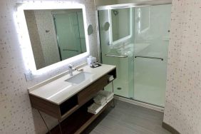 Guest bathroom in Sonesta Columbus Downtown, with shower, sink, and mirror.