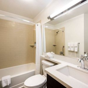 Guest bathroom in Sonesta Simply Suites Austin South, featuring mirror, sink, and lavatory, plus a bath equipped with a shower.