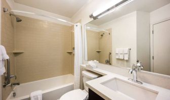 Guest bathroom in Sonesta Simply Suites Austin South, featuring mirror, sink, and lavatory, plus a bath equipped with a shower.