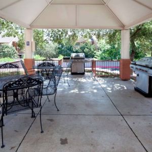 Sonesta Simply Suites Austin The Domain Area’s gazebo has tables and chairs alongside barbecues, and numerous trees nearby.