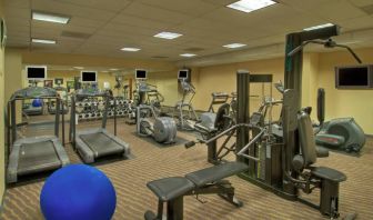 Royal Sonesta Portland Downtown’s fitness center is equipped with free weights, a wall-mounted TV, and assorted exercise machines.