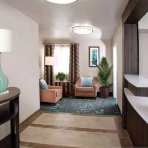 Sonesta Simply Suites Plano Frisco’s lobby features a pair of armchairs, window, coffee table, and potted plants.