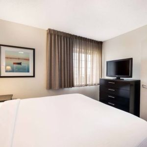 Double bed guest room in Sonesta Simply Suites Dallas Las Colinas, featuring a window and widescreen TV.