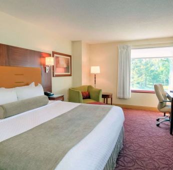 Double bed guest room in Sonesta Milwaukee West Wauwatosa, featuring armchair, window, and television.