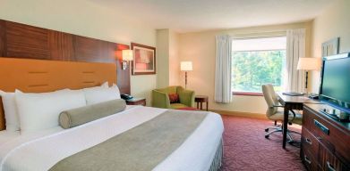 Double bed guest room in Sonesta Milwaukee West Wauwatosa, featuring armchair, window, and television.