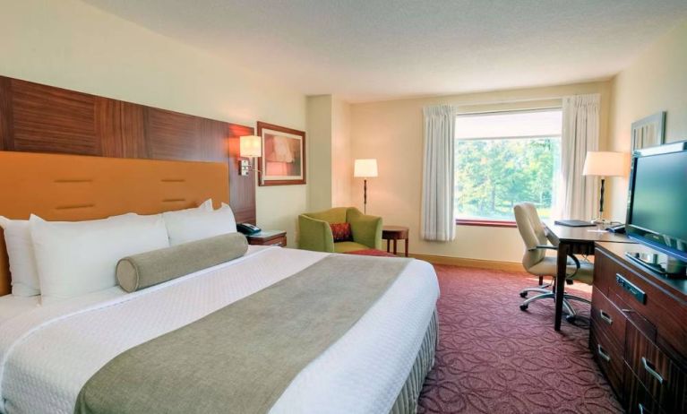 Double bed guest room in Sonesta Milwaukee West Wauwatosa, featuring armchair, window, and television.