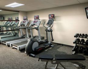 The fitness center at Sonesta Select Boca Raton comes with a wall-mounted TV, a variety of exercise machines, and rows of free weights.