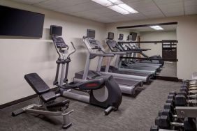 The hotel fitness center is equipped with free weights, a range of exercise machines, and a wall-mounted TV.