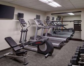 The hotel fitness center is equipped with free weights, a range of exercise machines, and a wall-mounted TV.