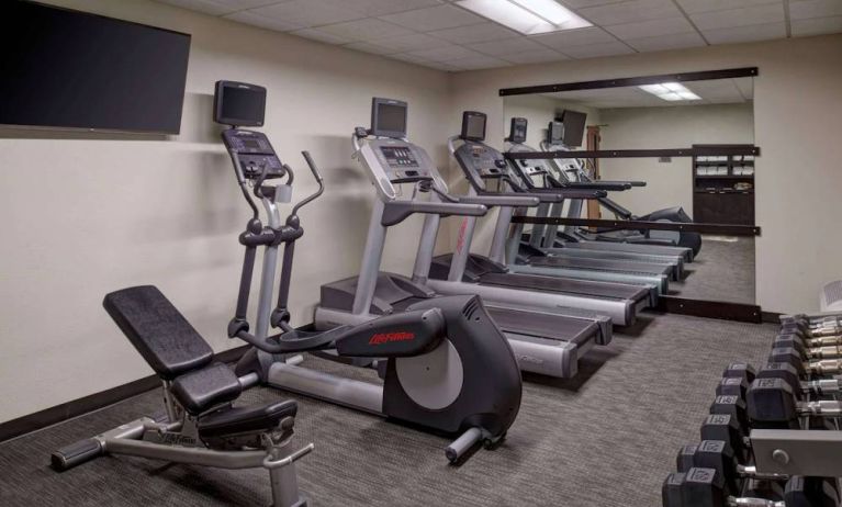 The hotel fitness center is equipped with free weights, a range of exercise machines, and a wall-mounted TV.