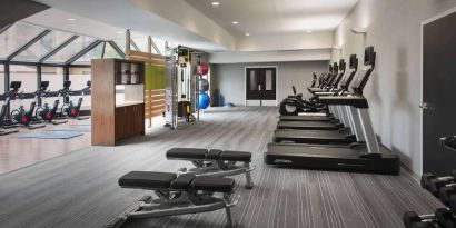 Sonesta Select Whippany Hanover’s fitness center is equipped with free weights, benches, gym balls, and an assortment of exercise machines for guests to use.