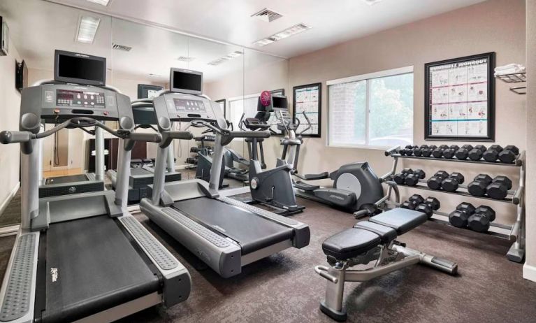 Sonesta ES Suites Annapolis’ fitness center includes both free weights and an assortment of exercise machines, plus a window and mirrored wall.