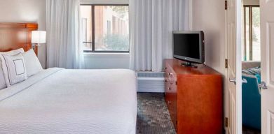 Double bed guest room in Sonesta Select Raleigh Durham Airport Morrisville, featuring a window and a television.