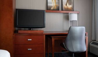 Sonesta Select Phoenix Camelback guest room workspace, including desk, chair, and lamp, plus a TV.