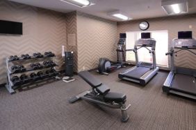 Sonesta ES Suites Dallas Medical Market Center’s fitness center has an assortment of exercise equipment including free weights, and a wall-mounted television.