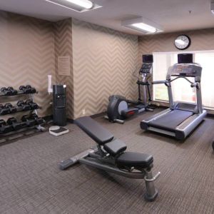 Sonesta ES Suites Dallas Medical Market Center’s fitness center has an assortment of exercise equipment including free weights, and a wall-mounted television.