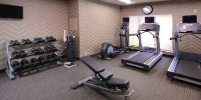 Sonesta ES Suites Dallas Medical Market Center’s fitness center has an assortment of exercise equipment including free weights, and a wall-mounted television.