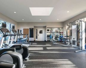 Fitness center equipped with free weights, gym balls, a TV, and various exercise machines at Sonesta Select Los Angeles LAX El Segundo.