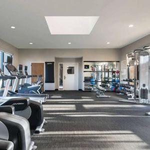 Fitness center equipped with free weights, gym balls, a TV, and various exercise machines at Sonesta Select Los Angeles LAX El Segundo.