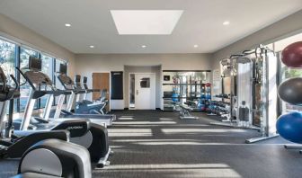 Fitness center equipped with free weights, gym balls, a TV, and various exercise machines at Sonesta Select Los Angeles LAX El Segundo.