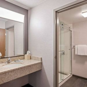 Sonesta Select Pleasant Hill guest bathroom, including shower, lavatory, mirror, and sink.