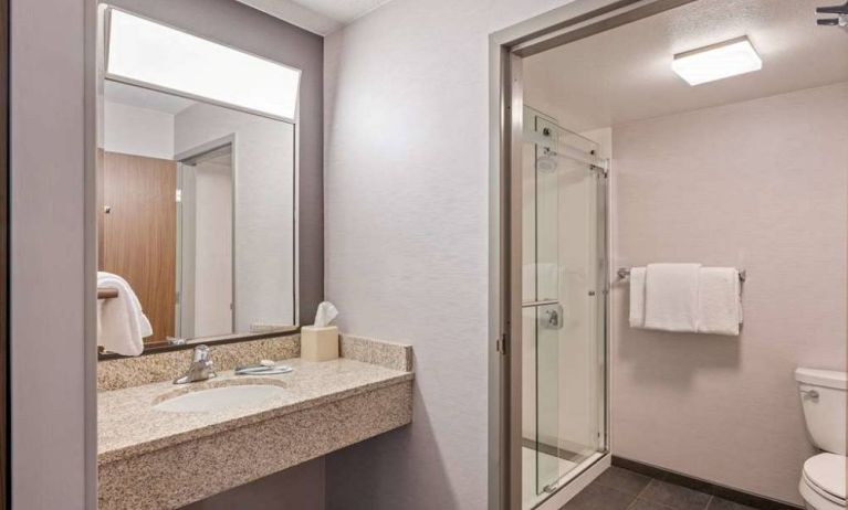 Sonesta Select Pleasant Hill guest bathroom, including shower, lavatory, mirror, and sink.