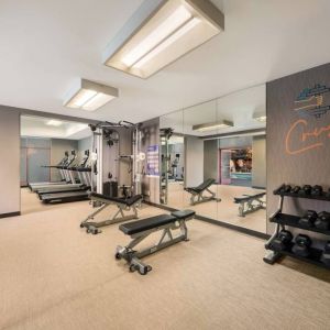 Sonesta Select Pleasant Hill’s fitness center features free weights, a mirrored wall, and various exercise machines.