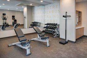 Hotel fitness center equipped with free weights, benches, and various exercise machines.