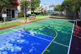 The hotel’s sports court is suitable for multiple activities including basketball and tennis, and has a bench for spectators.