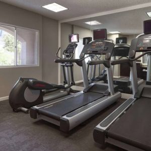 Sonesta ES Suites Tempe’s fitness center has a window, mirrored wall, treadmills, and an elliptical machine.