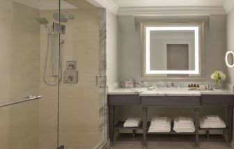 Guest bathroom with shower at Fairmont Hotel MacDonald.