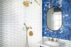 Guest bathroom with shower at Hotel Figueroa.