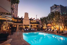 Outdoor pool at night at Hotel Figueroa.