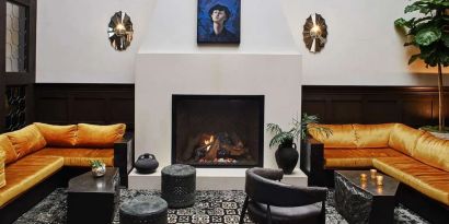 Lobby and fire place at Hotel Figueroa.