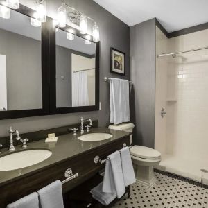 Guest bathroom with shower at EnVision Hotel St. Paul South.