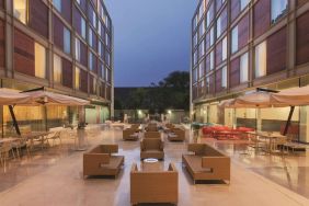 Outdoor terrace and coworking space at DoubleTree By Hilton Milan.