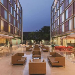 Outdoor terrace and coworking space at DoubleTree By Hilton Milan.