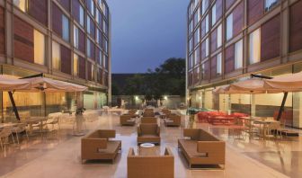 Outdoor terrace and coworking space at DoubleTree By Hilton Milan.