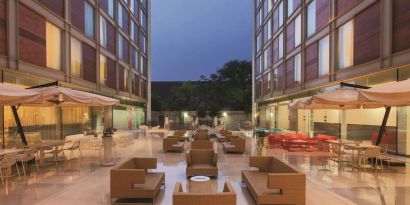 Outdoor terrace and coworking space at DoubleTree By Hilton Milan.