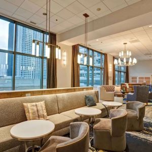 Dining and coworking space at Homewood Suites By Hilton Chicago-Downtown.